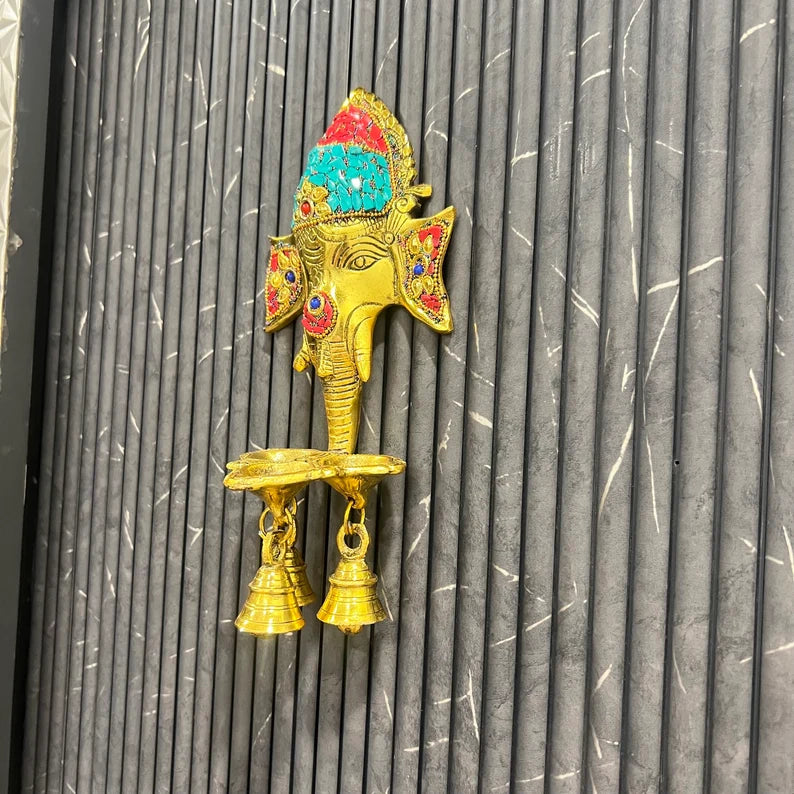 Handcrafted Brass Lord Ganesha Wall Hanging Diya with Bells for Home Temple & Decor